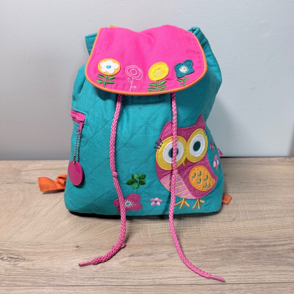 Stephen Joseph Backpack Women Small Teal Pink Owl Quilted Embroidered Drawstring